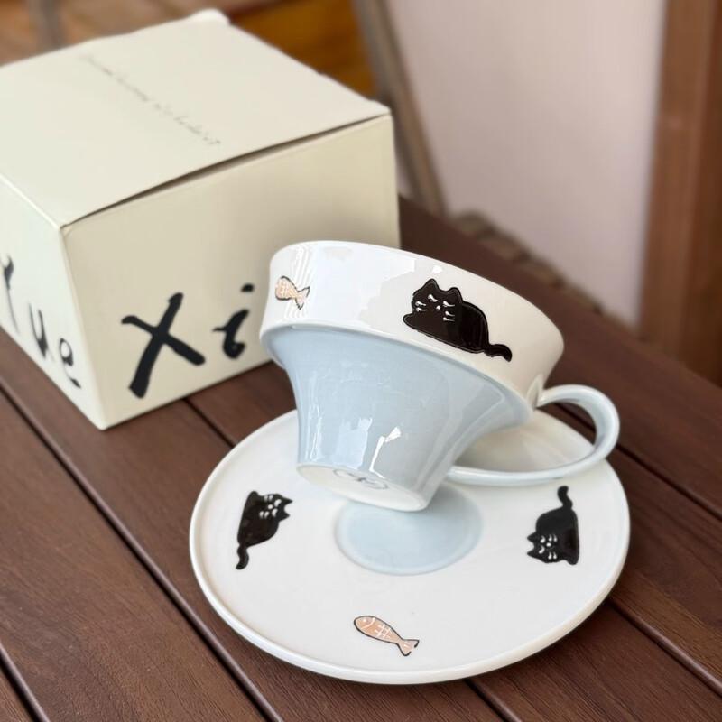 Набор кофейной чашки и блюдца «Синий кот», расписанный вручную