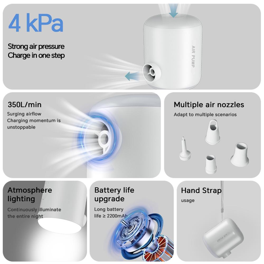 Outdoor camping quick inflation deflation cordless portable air pump with LED light mini air compressor rechargeable 4KPa 4 outlet nozzle