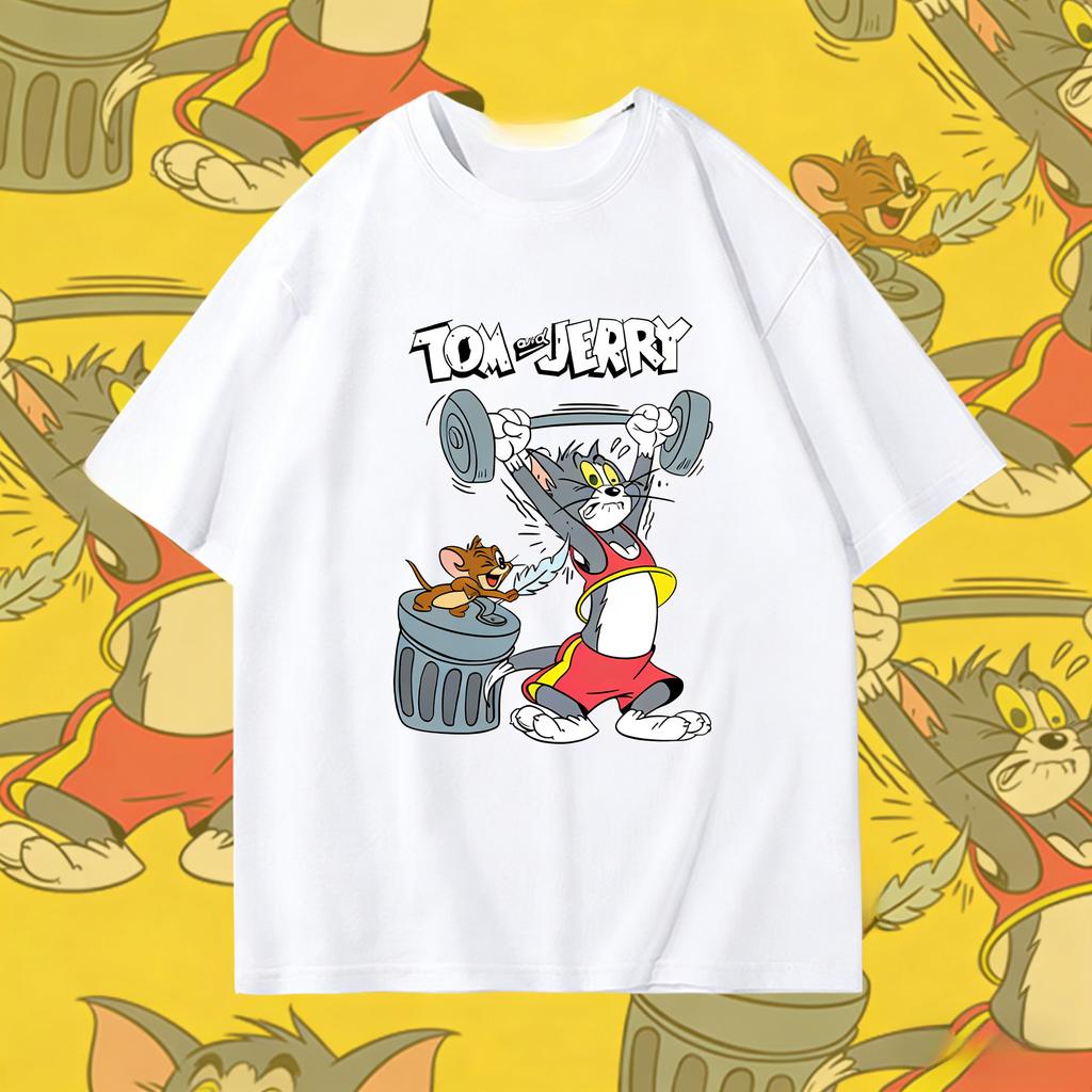 2026 Summer Comic Form Tom and Jerry Image 100 Cotton Printed Oversize Casual Tshirt Adult Children Parentchild Top Homewear