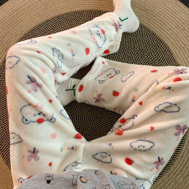 Korean Style Women's Cartoon Flannel Sleep Pants - Wearable Outdoors for Autumn and Winter 2025