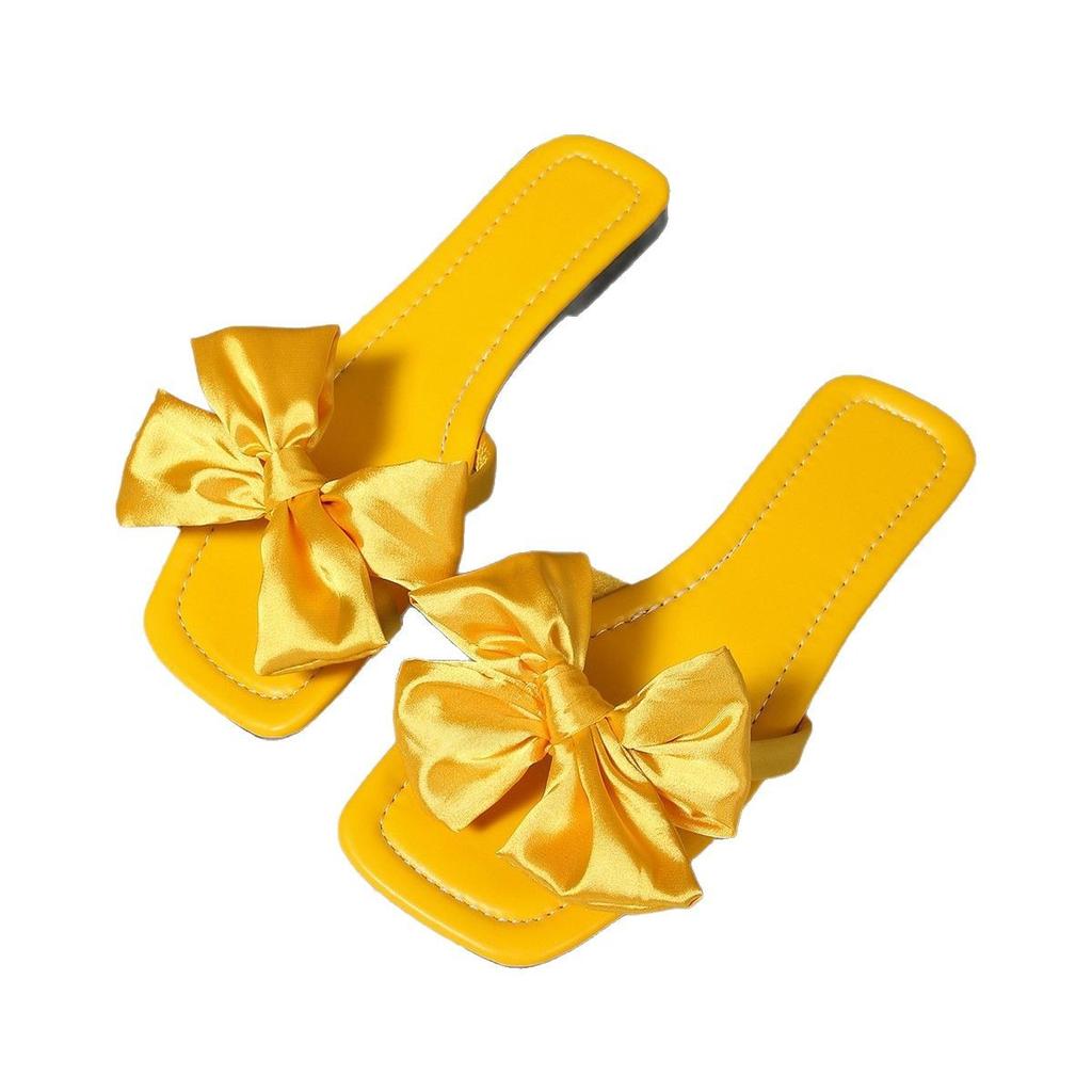 Large Size Flat-bottomed Slippers Women's Outer Wear Square Head Bow Word Women's Lightweight Flat-bottomed Sandals Slippers