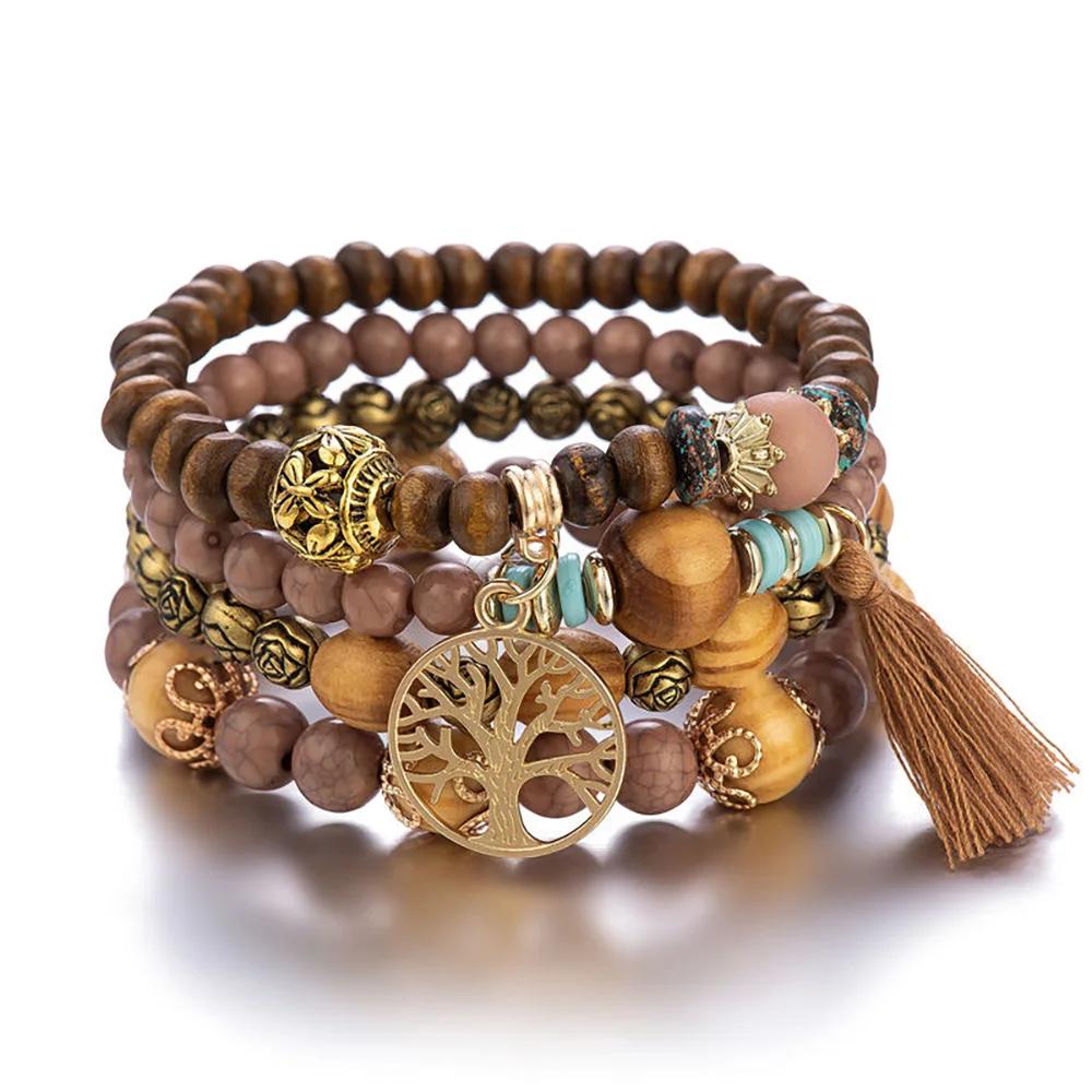 4ks/sada Boho dřevěný korálkový náramek sada pro ženy Tree Of Life Bílé střapce Charm Pružný řetízek Náramek Lady Bohemia Jewelry