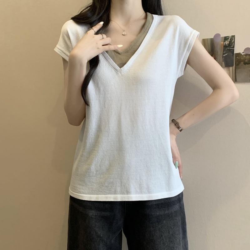 

Женские топы с короткими рукавами, имитирующие двойку, футболка с контрастным цветным блочным дизайном, корейская минималистичная женская блузка XXL белый