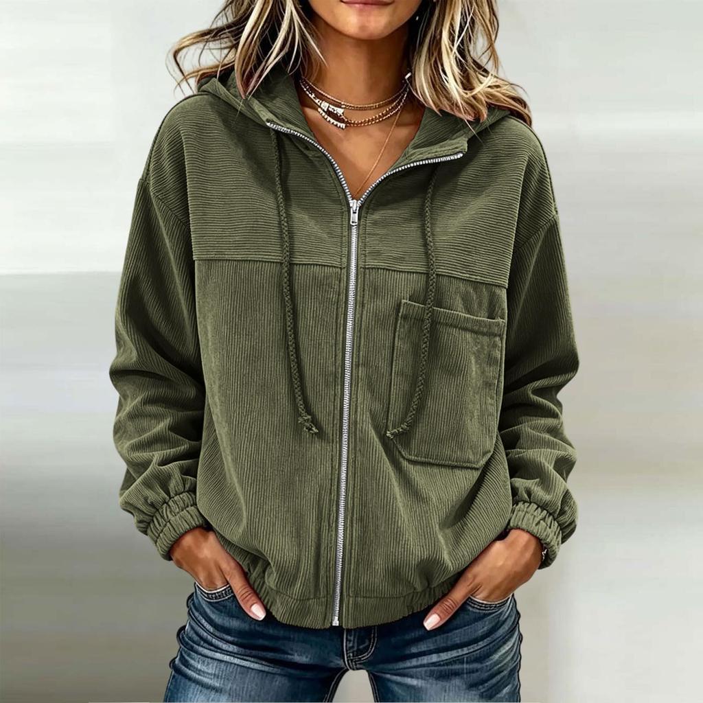 Giacca casual da donna con zip intera in velluto a coste con tasche per l'autunno