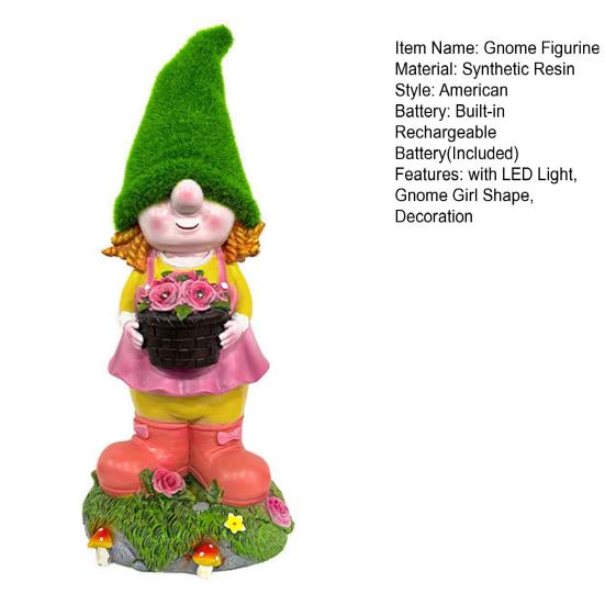 Solar Garden Gnome Statue with LED Light Holding Flower Basket Flocking Hat Dwarf Girl Figurine Sculpture Outdoor Decoration Ornament
