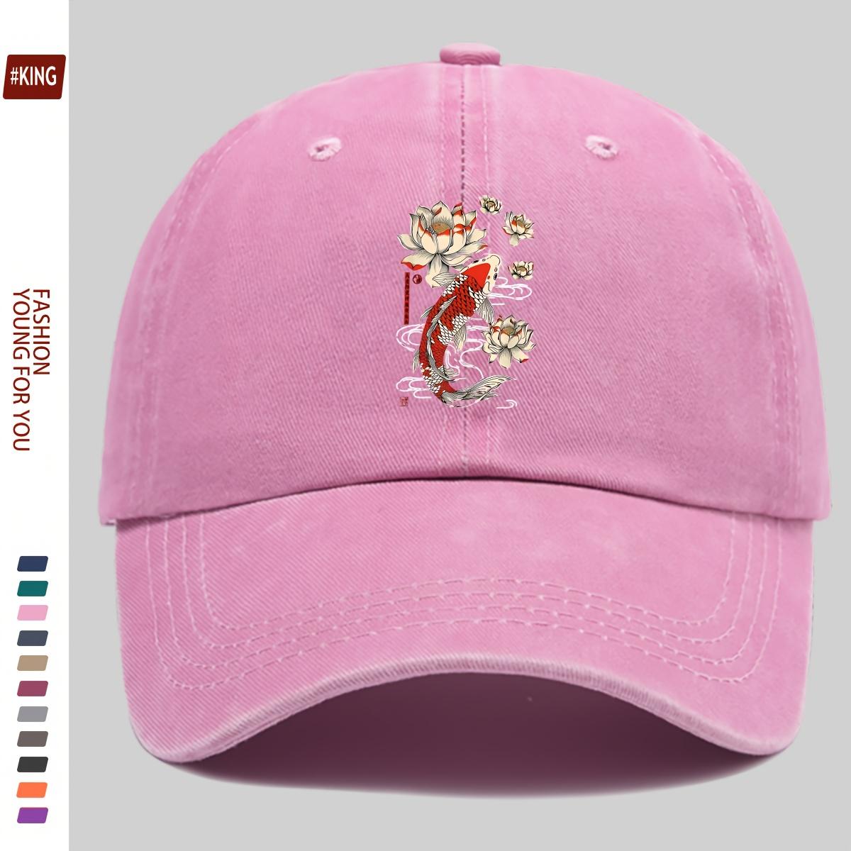 Koi Fish and Lotus Print Baseball Cap Cotton Adjustable Unisex Casual Outdoor Dad Hat One Size