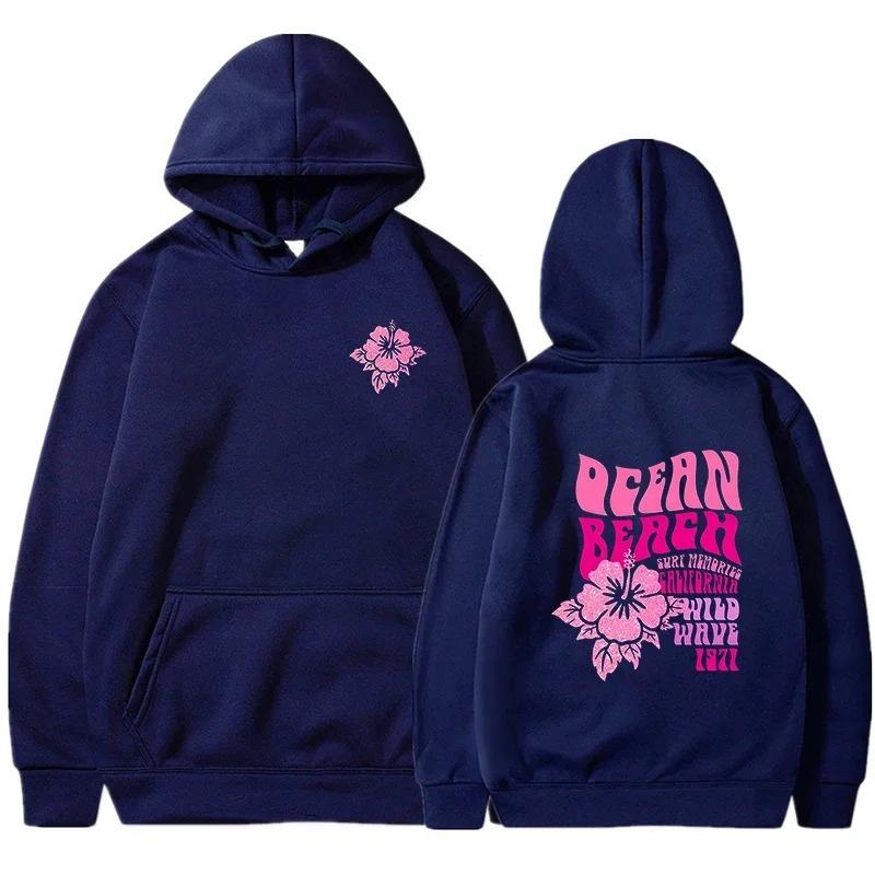Women Fashion Casual Hoodies Ocean Beach Flower Slogan Front Back Pink Sweatshirts Beach Aesthetic Pullover Hoodie Trip Tops
