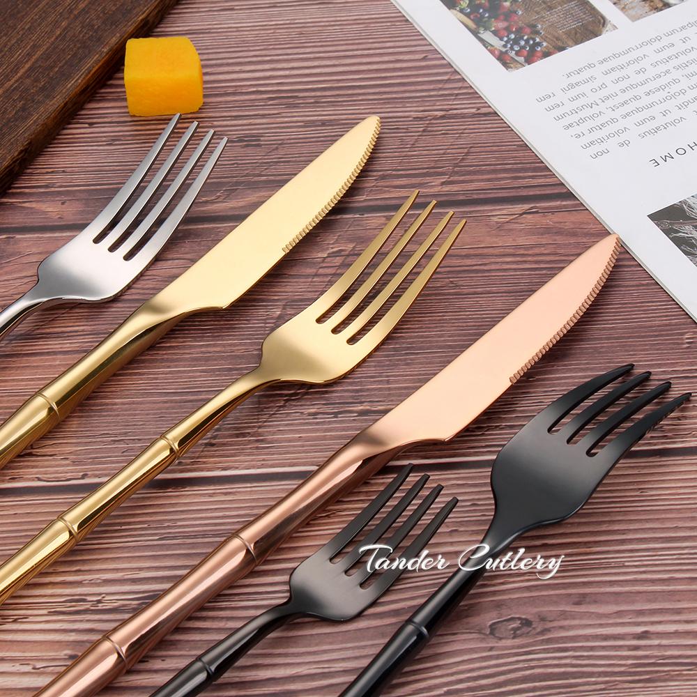 6/24/30Pcs Stainless Steel 304 Tableware Gold Cutlery Set Western Bamboo Shaped Handle Knife Fork Spoon Mirror Dinner Set