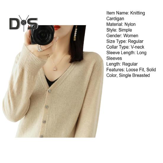 Spring Summer Knitting Cardigan V-Neck Long Sleeve Ribbed Cuffs Sweater Solid Color Single Breasted Stretchy Knitwear