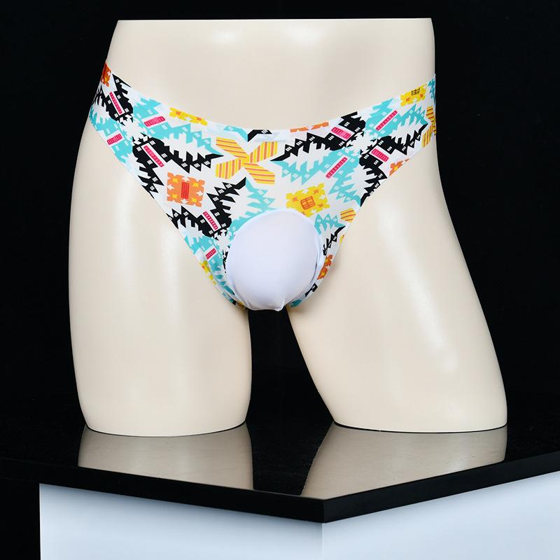 Qinghe Spring and Summer Men's Low Waist Thong Thin Breathable and Traceless Ice Silk Printed Egg Panties Leopard Print Briefs