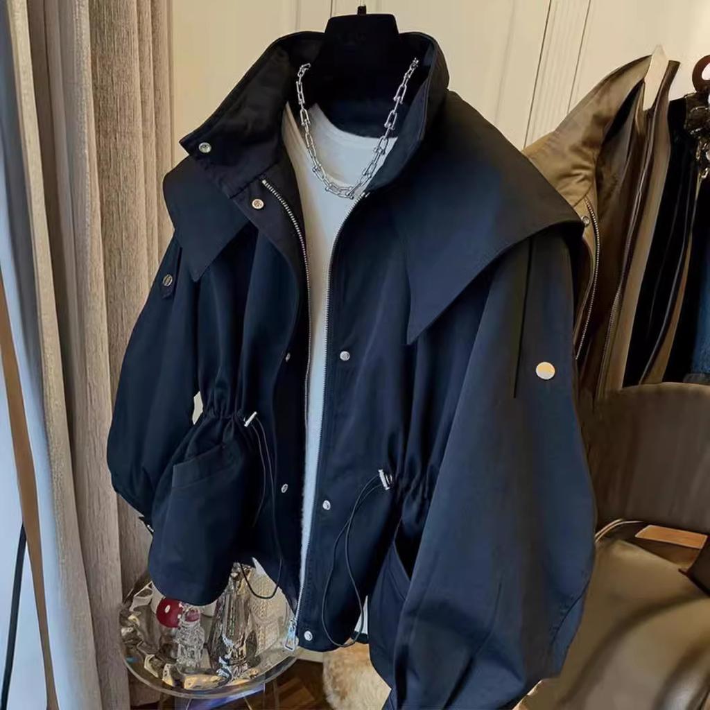 Vår Høst Oversized Casual Vanntett Khaki Vindjakke Dame Langermet Hette Snøring Glidelåsjakke