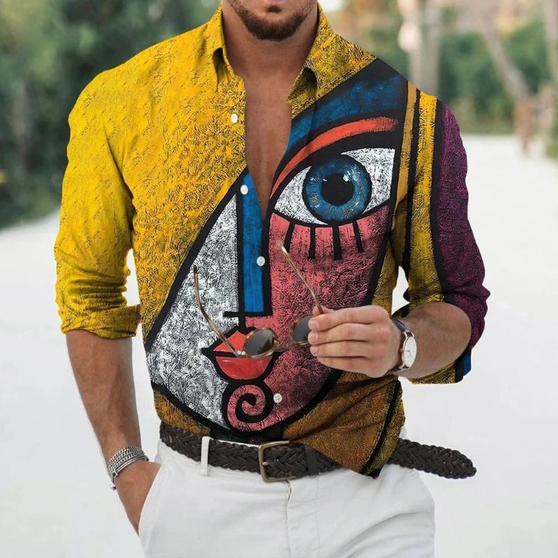 Fashion Long Sleeve Lapel Button Up Plus Size Shirt Men 3d Print Blouse