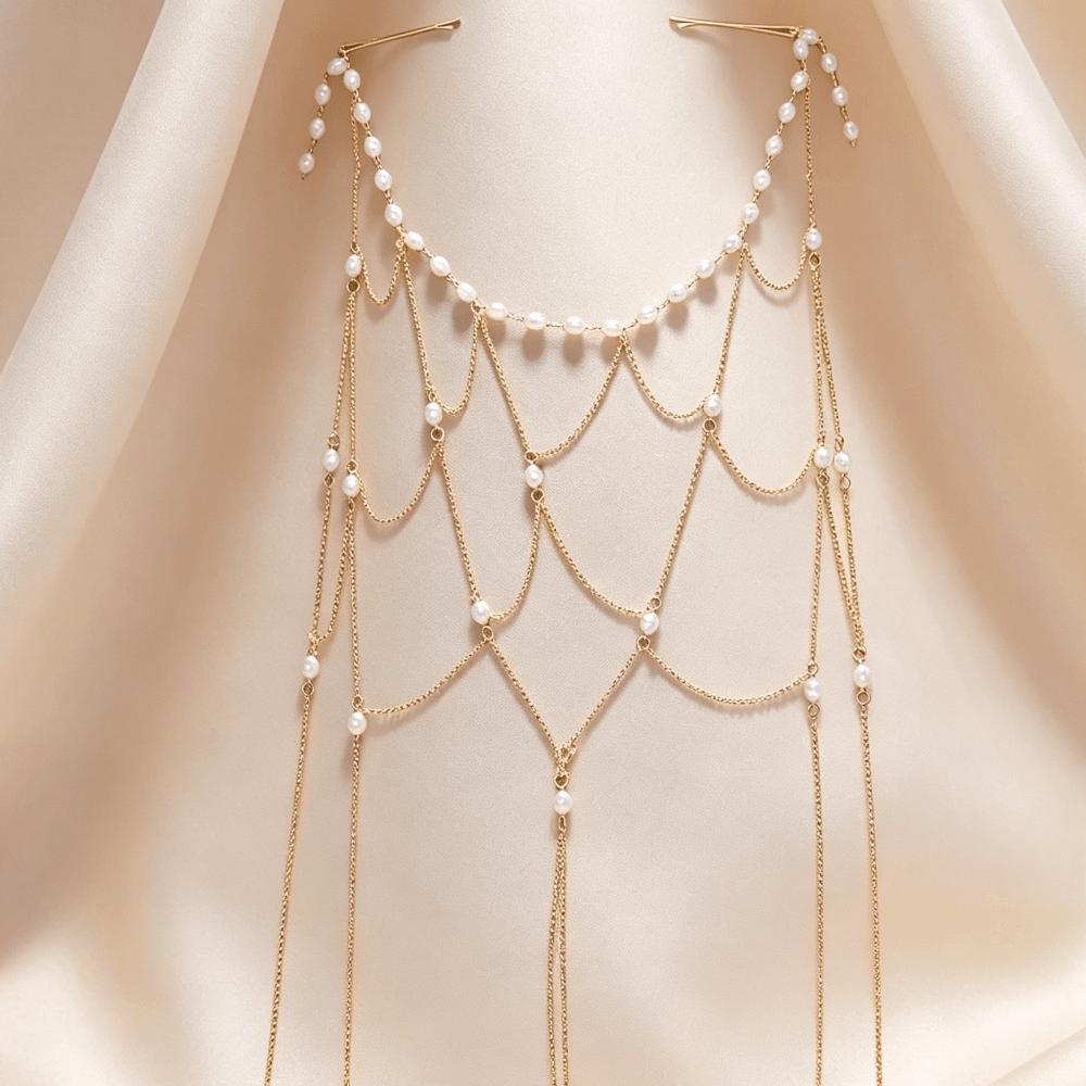 Zircon Bridal Head Chain Hollow Headpiece Tassel Hair Chain Pearl Headpiece Festival
