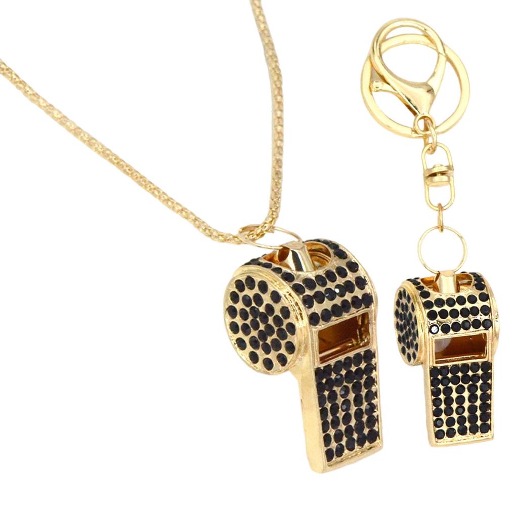 2-Piece Rhinestoned Whistle Keychain and Necklace Set with Zinc Alloy Construction 6 Stylish Color Option for Daily Use