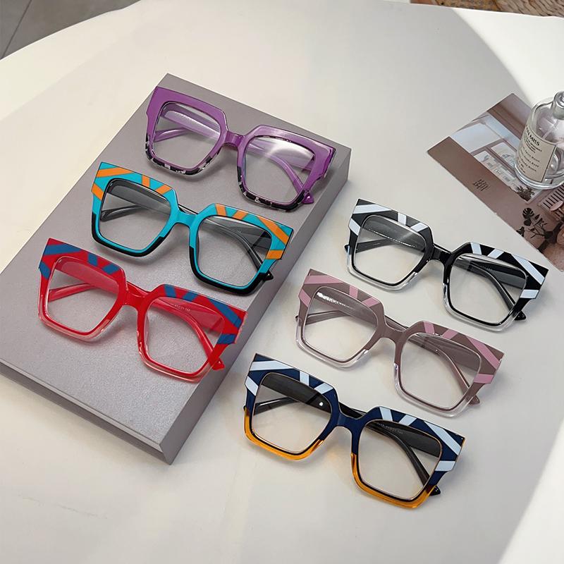 KAMMPT Übertriebene Quadratische Brille Damen Mode Vintage Patchwork Blaulichtblockierende Brille Stylische Nicht-Sehstärke Brille