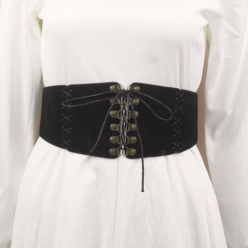 Vintage Suede Lace-Up Waistband Women Woven Decorative Wide Elastic Belt For Dress All-Match Fashion Accessories