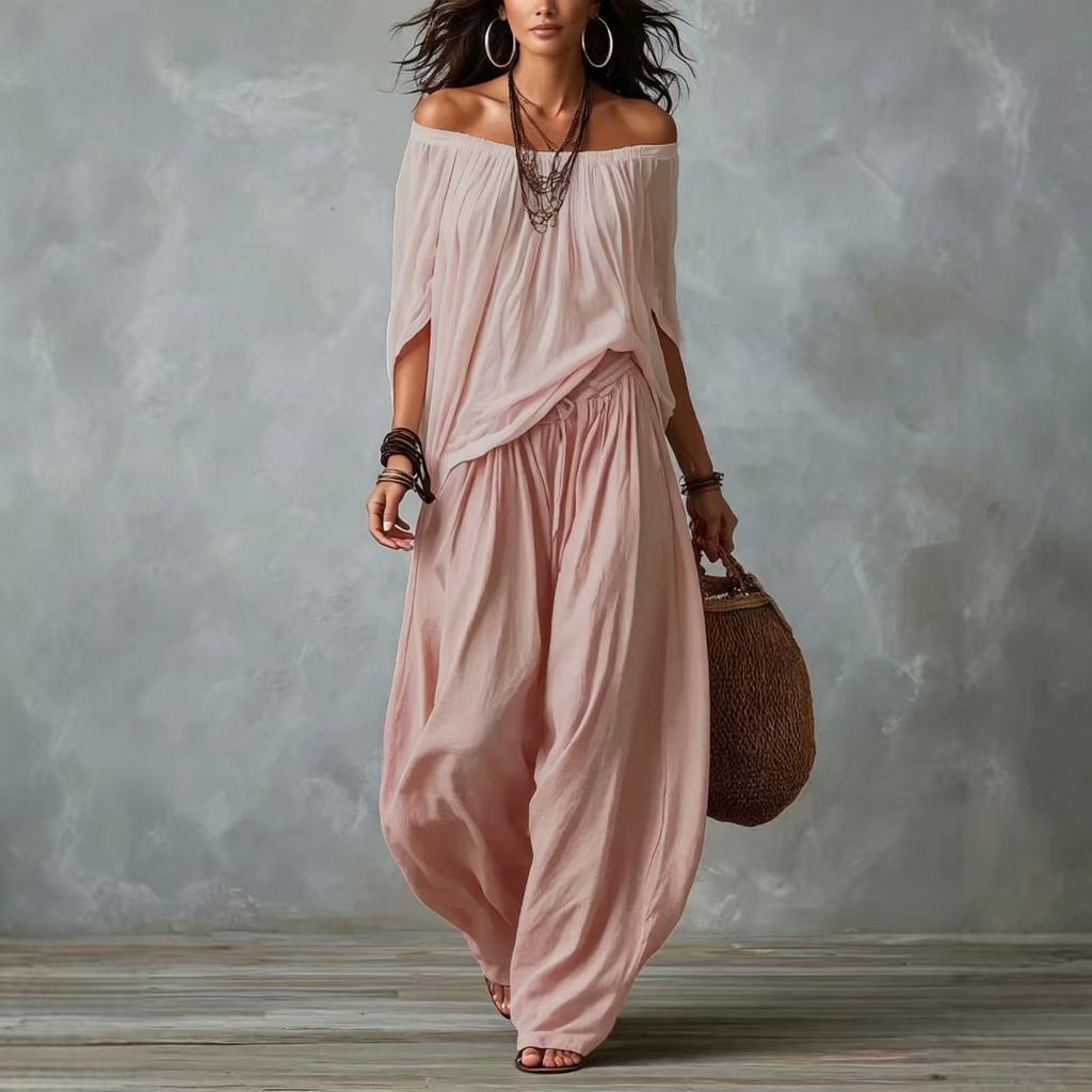 1116 Nouveau pantalon large décontracté haut de gamme pour femme été européen et américain avec un haut Bardot exquis à col une épaule