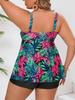 2026 European & American Plus Size Floral Leaf Print Two-Piece Conservative Boyleg Swimsuit for Women