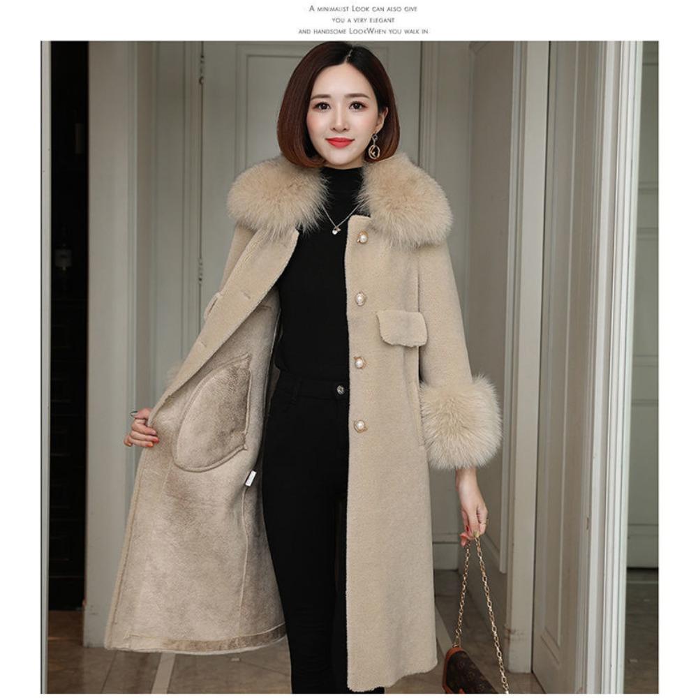 Kabát ze střižní ovčí kůže Středně dlouhý kožich s vlnou a kožešinou pro ženy Nový kabát s límcem z liščí kožešiny