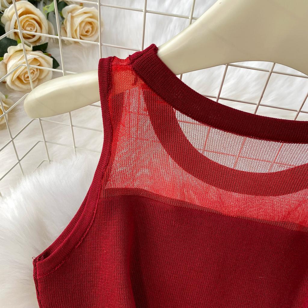 Summer Women Sleeveless Office Business Knitted Sweater Mesh Patchwork Sheath Bodycon Midi Dresses
