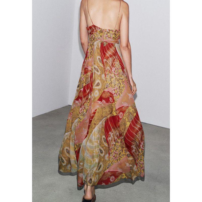 Summer New Product Women's Clothes Vacation Style Casual V-neck A- line Hem Print Midi Skirt Dress 3508147