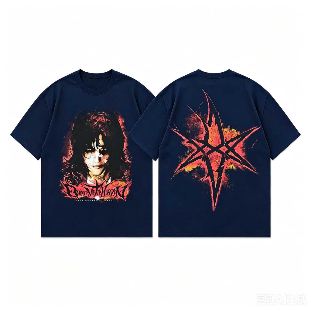 Bring Me The Horizon T-Shirt Unisex Rundhals Kurzarm Gothic Porträt Pentagramm Grafik Metal Band Lässiges Streetwear Oberteil für Herren Damen