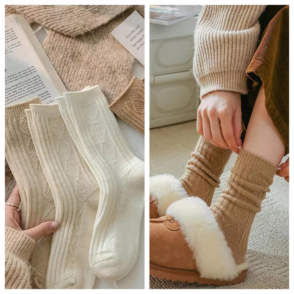 2025 1/3pairs New Cashmere Wool Socks Women's Winter Thicken Warm Black White Pack Set Thermal Japanese Fashion Solid Color
