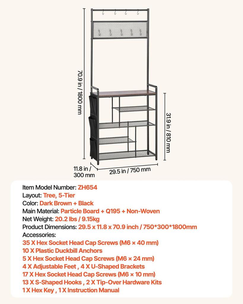 Hall Tree, 1800 mm Coat Rack with Shoe Storage, Freestanding 4-Tier Shoe Rack Organizer with Hooks, Side Pocket and Wire Shelf, Steel Frame Entrance