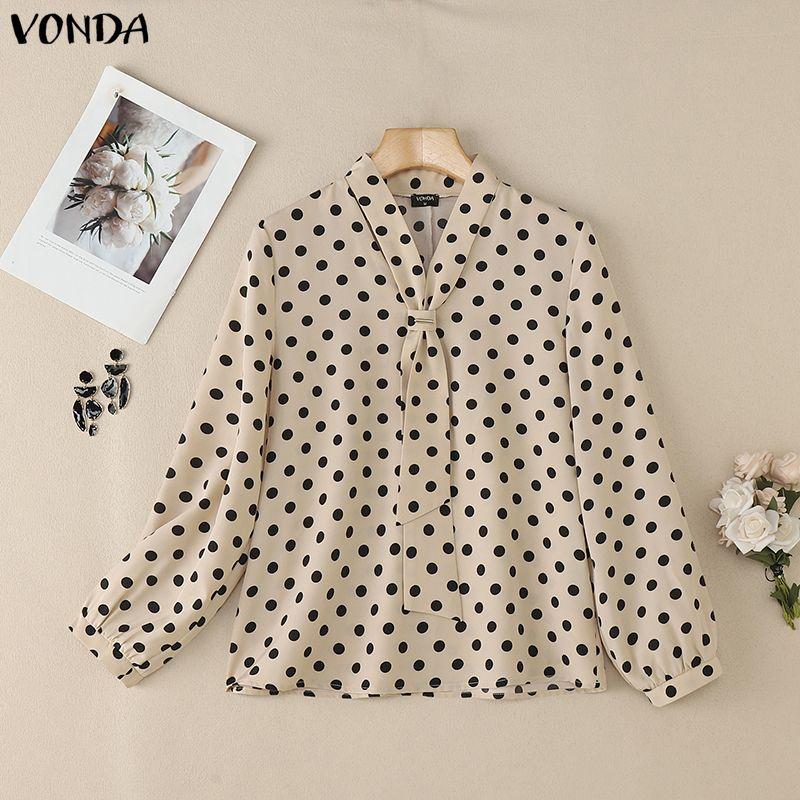 

VONDA Elegant Women Tie V Neck Long Sleeve Polka Dots Casual Blouse Tops S абрикосовый