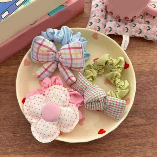 Hair Tie Dot Plaid Print Handcrafted Bow Flower Design Hair Rope Soft Fabric High Elasticity Pastoral Style Hair Band Hair Accessory