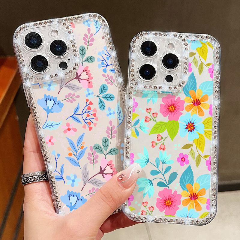 Crystal Diamond Clear Case For iPhone 16 14 15 Pro Plus 13 12 Pro Max 11 16e Flowers Floral Patterned Soft TPU Phone Cover Coque