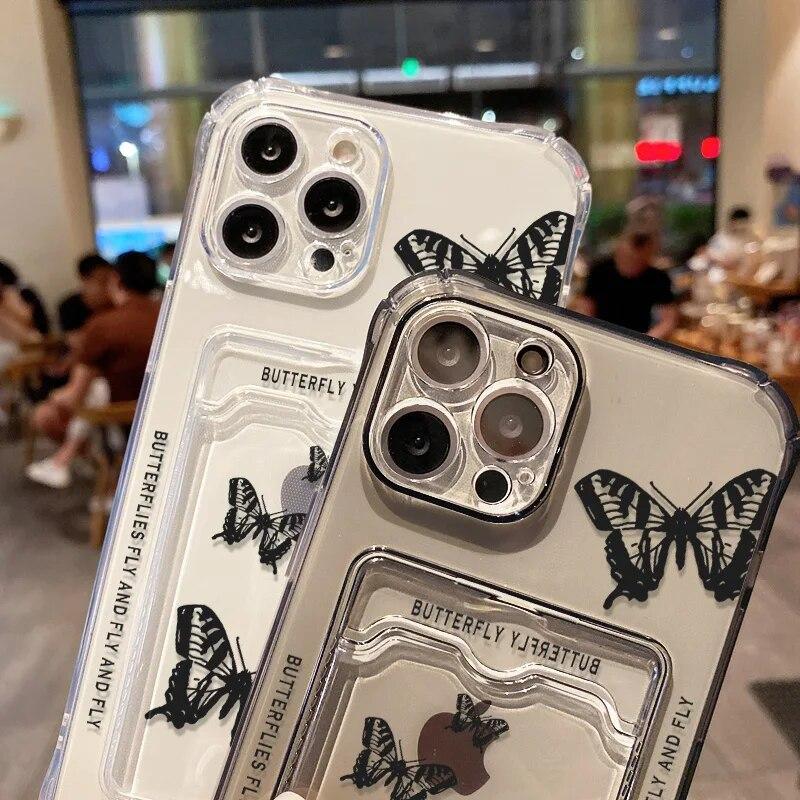 Silicone Wallet Card Holder Phone Case For iPhone 15 Pro Case iPhone 11 13 12 14 Pro Max X XR XS Max 7 8 SE Soft Butterfly Cover