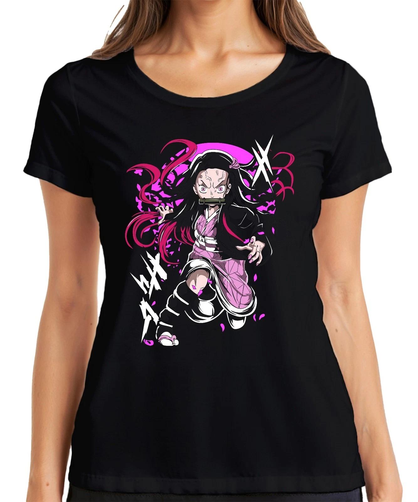 Nezuko Kamado Anime Dämon Kampfpose Bambus Beißschutz rosa Manga Damen T-Shirt XL