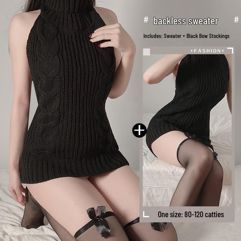 Seductive Knitted High Collar Backless Lingerie Dress