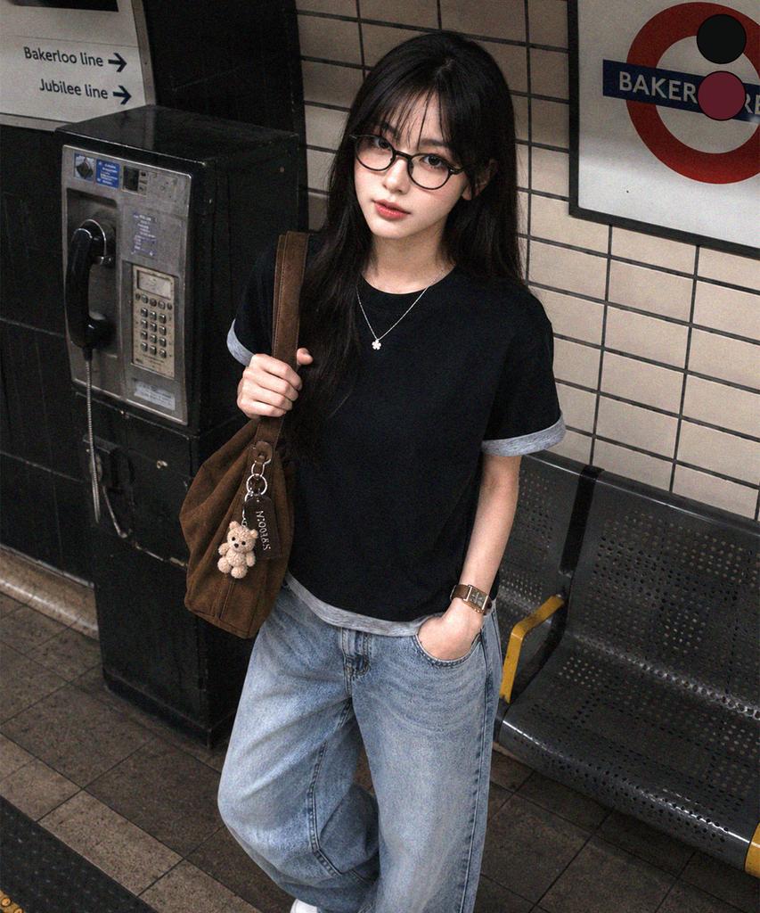 Yosemiti Color Block Roll-Up Layered Short Sleeve Tee Yt-3Y31