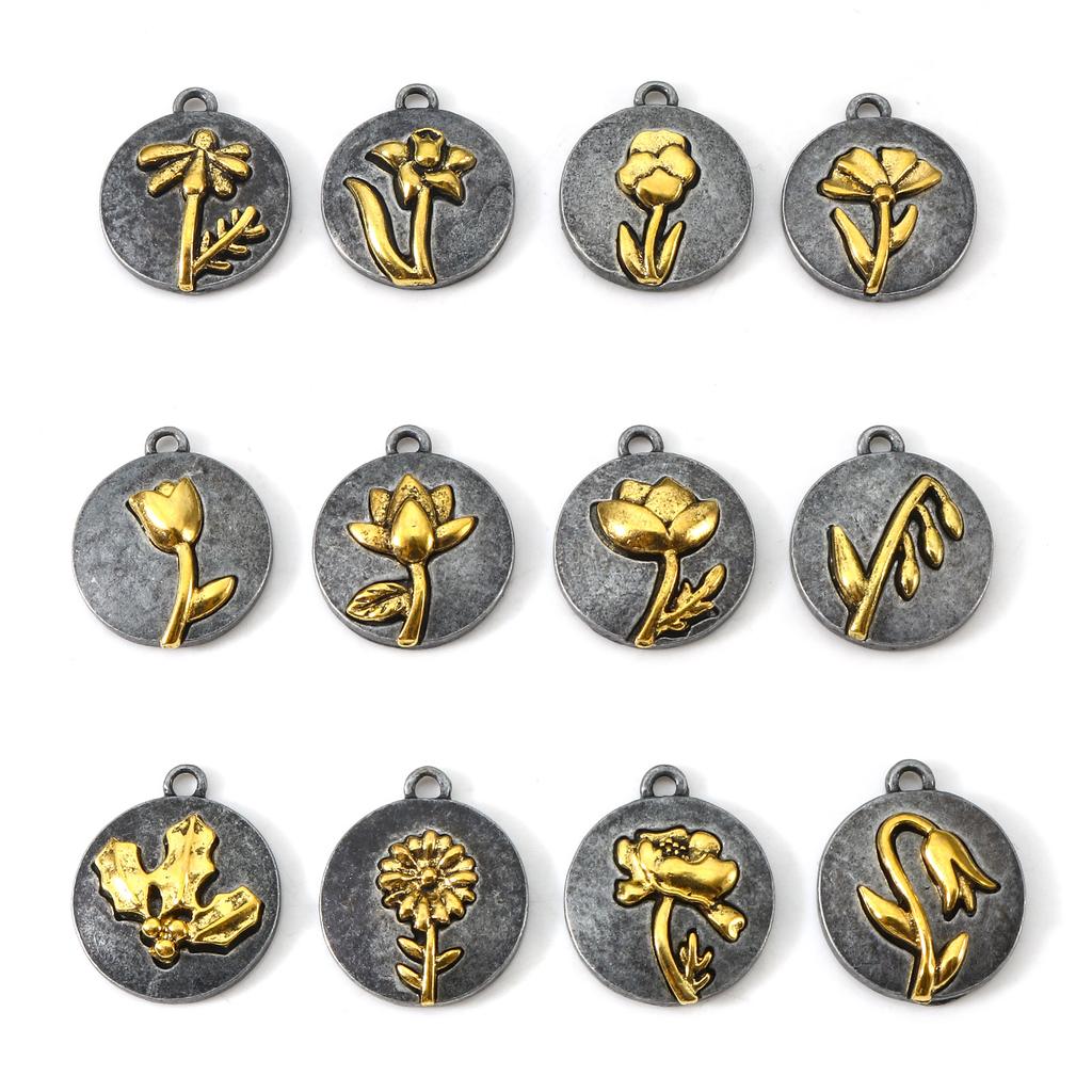 10pcs Vintage Birth Month Flower Charms Antique Gold Color Round Flower Pendants DIY Necklace Women Party Jewelry 20mm x 17.5mm