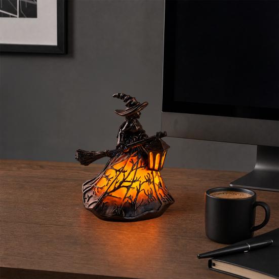 Lâmpada Chapéu de Bruxa Vitral Yousheng, Lâmpada de Bruxa Retrô de Resina Feita à Mão, Luz Noturna de Chapéu de Mago Gótico Alimentada por USB, Decoração de Casa para Halloween