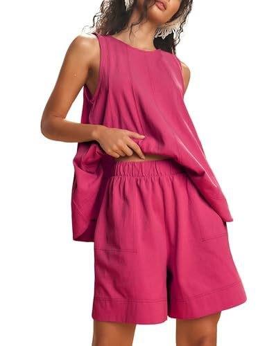 Women's two-piece shorts set Summer round neck sleeveless vest drawstring elastic waist shorts with pockets
