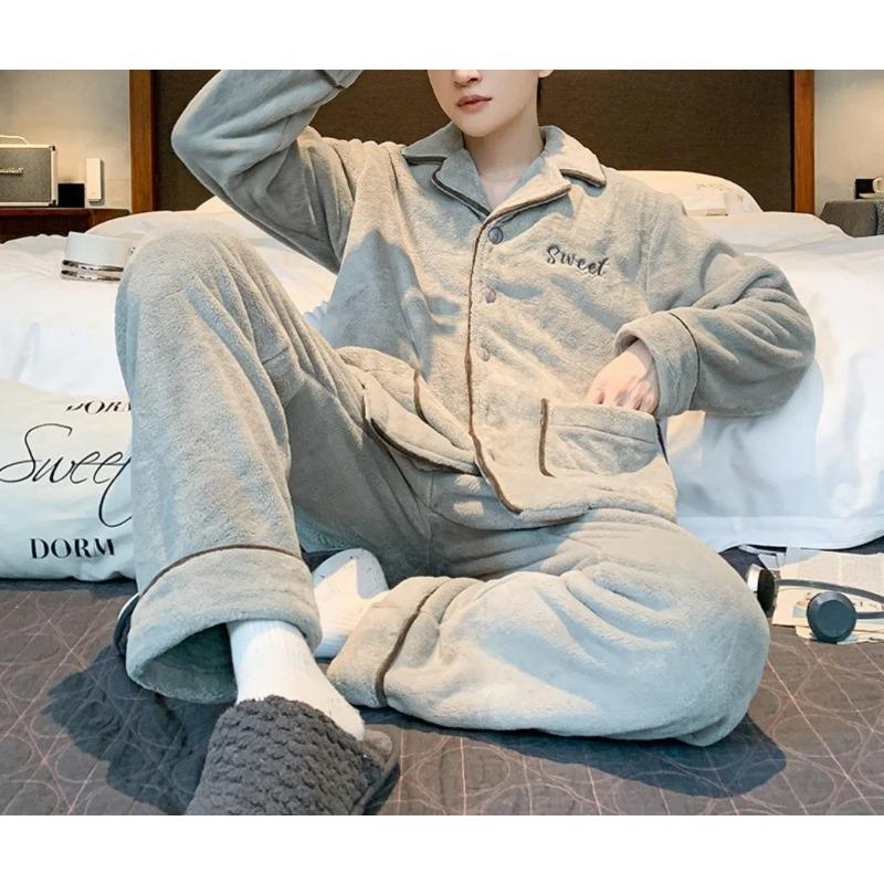 Men's Winter Thickened Flannel Pajama Sets Lapel Fluffy Coat + Long Pants Sleepwear 2 Pieces Male Soft Warm Housewear