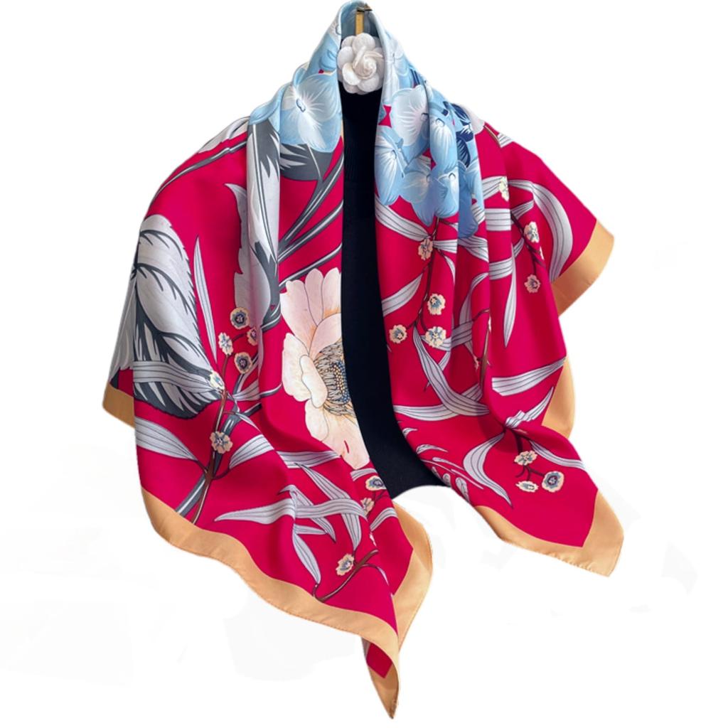 Scarf 90x90 with a red background and blue hydrangea - Energetic Elegance