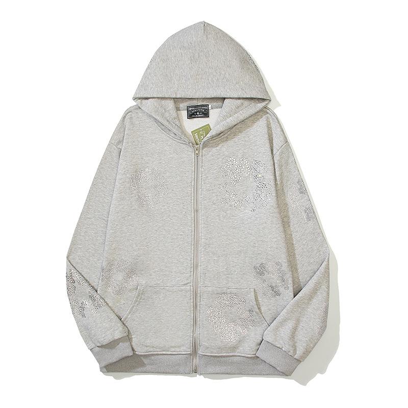 2025 High Street Hip Hop Vintage Kapok Cristal Diamante Fierbinți Fermoar Piept Jachetă Pulover cu Glugă Val