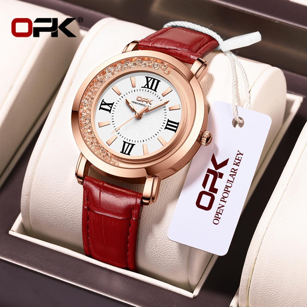 OPK 8611 Fashion Quartz Watch for Lady Diamond Bezel Leather Strap Waterproof Luminous Original Women's Dress Wristwatch