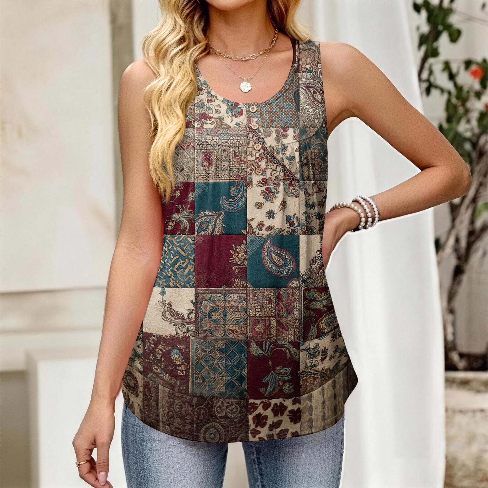 

Женский новый модный ретро цветочный полосатый текстурированный принт круглый вырез свободный повседневный жилет-топ без рукавов на пуговицах XXL
