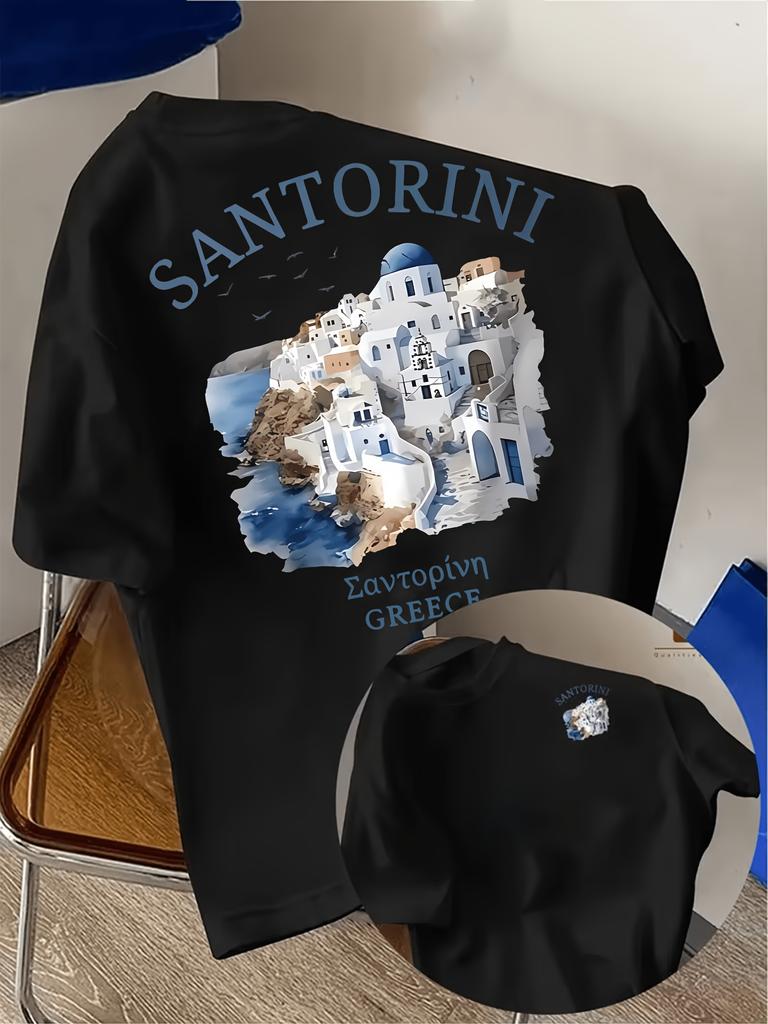 Watercolor Style Santorini Ios Town Pattern Retro Vacation Style Summer Streetwear Unisexs Unisex T Shirt Tee Casual Oversize
