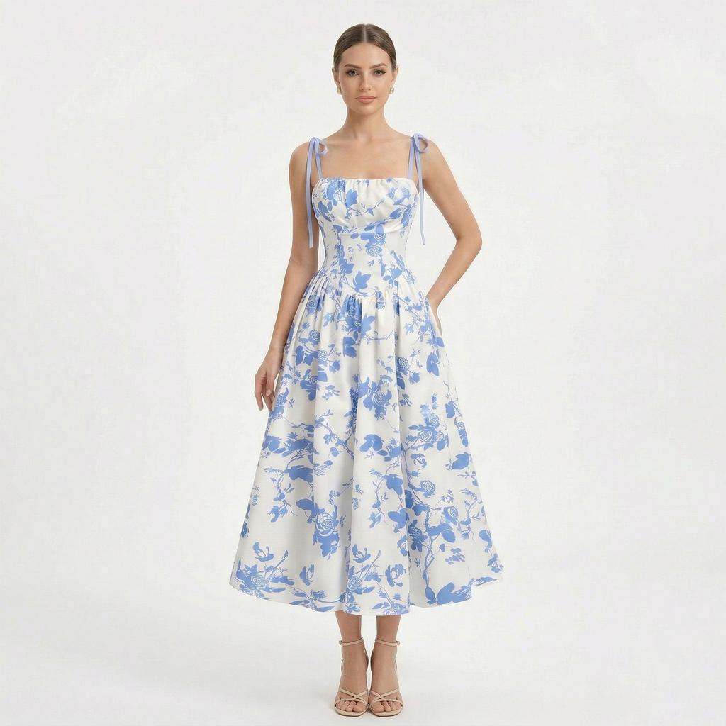 Vestido Corsé Bustier Floral para Mujer Tirantes de Lazo Fruncido Fluido Boho Largo Vestido de Sol