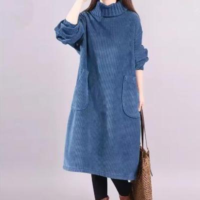 Mujer Otoño Invierno Retro Pana Vestidos Añadir Terciopelo Cuello Alto Largo Medio Suéter Holgado