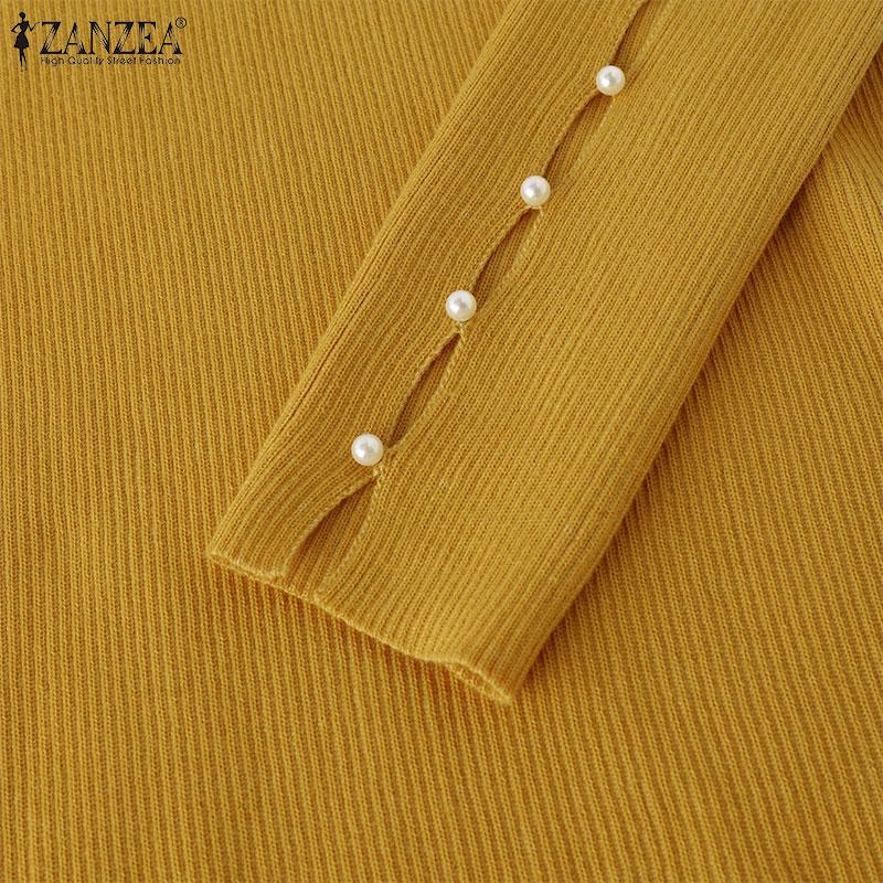 ZANZEA Women Turtleneck Pearl Stitching Long Sleeve Thin Casual Knitted Sweater Tops