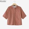 ZANZEA Women Casual Turn Down Collar Short Sleeve Loose Stripe Blouse