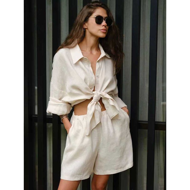 Western Style Summer New Casual Loose Long sleeve Shirts Shorts Set Loose Shirt + Shorts Set