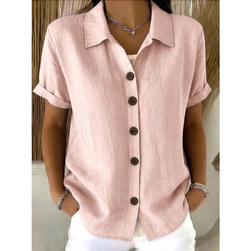 QICED Women's Fashion Casual Solid Color Print Short Sleeve POLO Neck Blouses & Shirts
